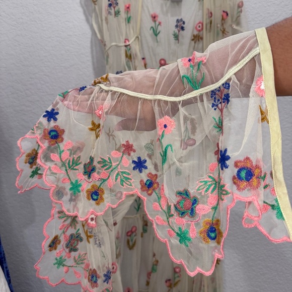 Anthropologie NWT BL^NK Sheer Embroidered Overlay Duster Cream Tan Pink One Size - Picture 10 of 14